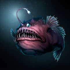 Angler fish on background realistic illustration isolate. Scary deep-sea fish predator. Deep sea fish monster.
