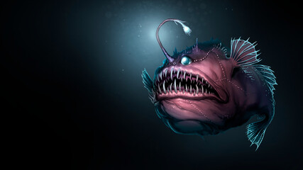 Angler fish on background realistic illustration isolate. Scary deep-sea fish predator. Deep sea fish monster. © Konstantin Gerasimov