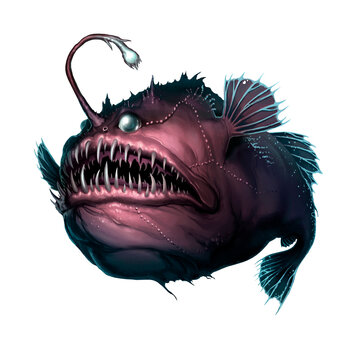 Angler fish on white background realistic illustration isolate. Scary deep-sea fish predator. Deep sea fish monster.