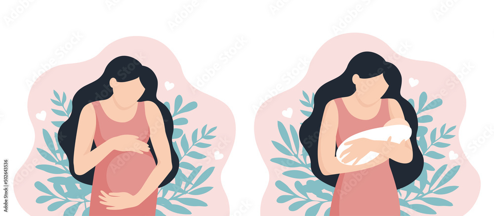 Wall mural pregnancy and motherhood vector illustration. pregnant woman with tummy on a background of leaves. m