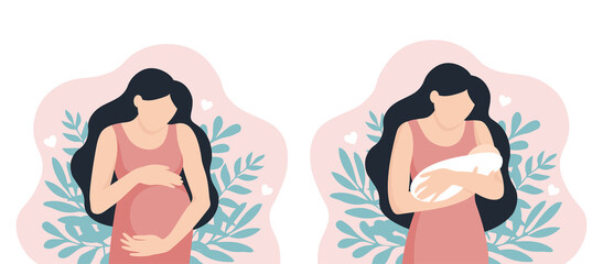 Pregnancy and motherhood vector illustration. Pregnant woman with tummy on a background of leaves. Mother with a newborn baby on a natural background. 