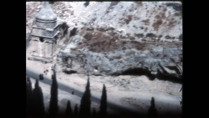 Tomb of Absalom 1967 - A view from the Temple Mount of the Tomb of Absalom and Tomb of Zechariah and Benei Hezir in the Kidron Valley  