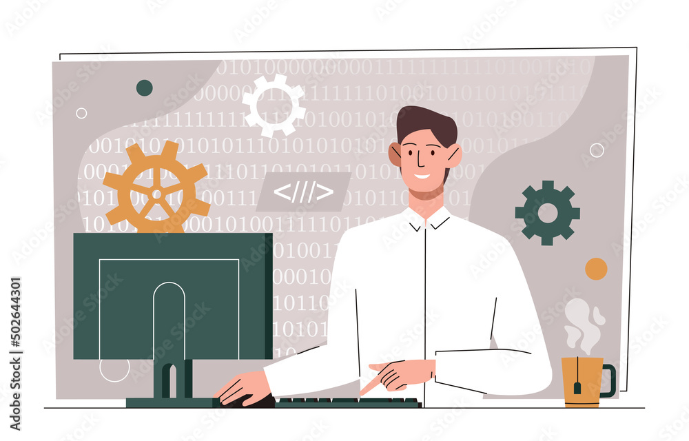 Poster binary code concept. young man at computer develops programs and applications. remote employee or fr