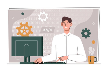 Binary code concept. Young man at computer develops programs and applications. Remote employee or freelancer checks page code, technical support, IT specialist. Cartoon flat vector illustration