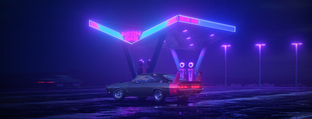 Fototapeta na wymiar Neon gas station and retro car. Vintage cyberpunk auto. Fog rain and night. Color vibrant reflections on asphalt. Dodge Charger Daytona Hemi. 3D illustration.