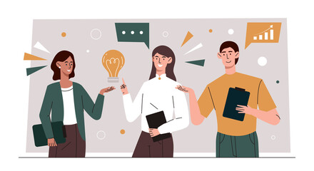 Obraz na płótnie Canvas Business communication concept. Men and girls discussing ideas, brainstorming and overcoming mental impasse. Managers looking for way to develop organization. Cartoon flat vector illustration