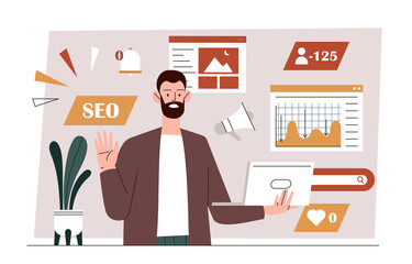 Content production concept. Man with laptop evaluates effectiveness of websites or social networks. Promotion on Internet, digital world and modern technologies. Cartoon flat vector illustration