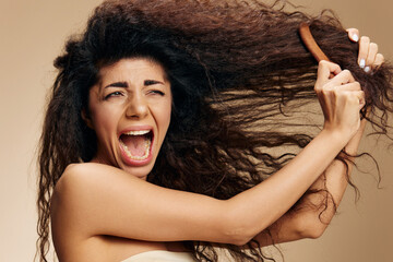 HAIR LOSS. TANGLED HAIR CONCEPT. Screaming suffering irritated awesome curly Latin lady with...