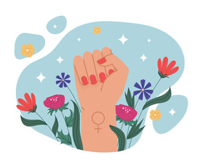 Feminism power concept. Poster or banner for website, girls stand up for their rights. Responsibility and equality. Spring, female hand on background of flowers. Cartoon flat vector illustration