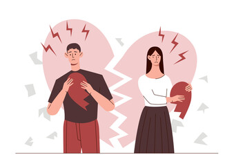 Concept of heartbreak. Man and girl on background of halves of hearts. Depression and disorders, problems in relationship of young couple. Quarrels and discontent. Cartoon flat vector illustration