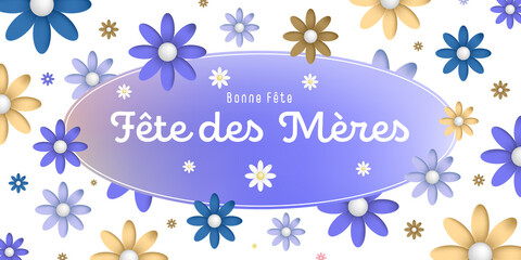 Texte : Fête des Mères, sur un cadre oval multi coloré entouré de jolies fleurs multi colorées et blanches sur un fond blanc,violet, bleu, marron et ocre