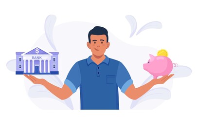Man choosing between bank and piggybank, thinking about instrument for saving, planning budget. Money savings. investment. Bank loan and economy choice. Financial literacy. Vector design