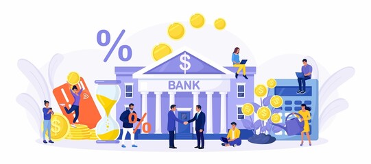 Naklejka premium Bank building with money tree. Tiny People holds gold coins near Government Finance Department or Tax Office Column Building. Vector design