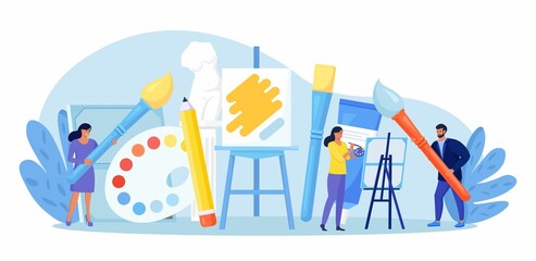 Artists painting with palette and brushes at easel. Art studio, open art classes, modern arts gallery. Watercolor or oil painting, creative hobby, workshop. People creating traditional artworks Vector © Nadezhda Buravleva