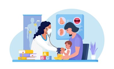 Checkup at children's doctor, neonatologist in hospital. Pediatrician examines sick kid with stethoscope. Child with mom at pediatrician office. Healthcare, child care, medical check up. Vector design
