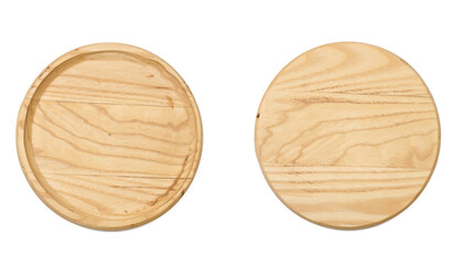 Empty round wooden plate for serving cheese, vegetables on a white isolated background