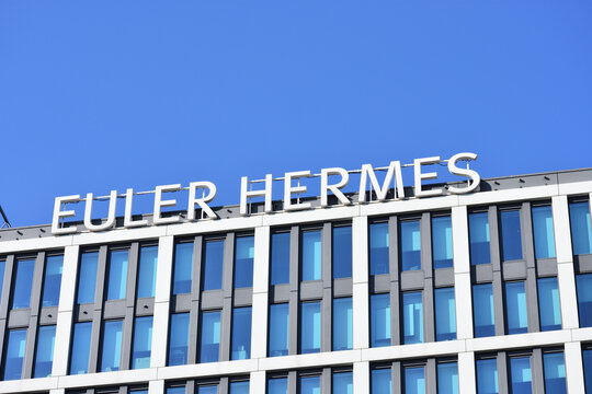 Euler Hermes signage, logo on the facade of international insurance company. WARSAW, POLAND - MARCH 13, 2022