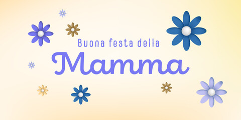 Italian text : Buona festa della Mamma, with colorful flowers on a white background, purple,blue,brown and ocher