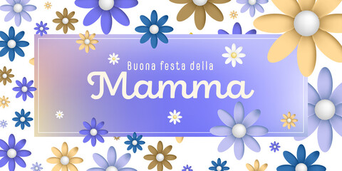 Italian text : Buona festa della Mamma, on an colorful rectangular frame with colorful blossoms on white background, purple,blue,brown and ocher