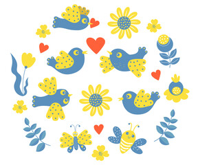 Collection of decorative cute birds, insects and flowers. dove with heart, butterfly and bee, flowers and branches in yellow and blue colors - of Ukrainian flag. Vector illustration for decor, design