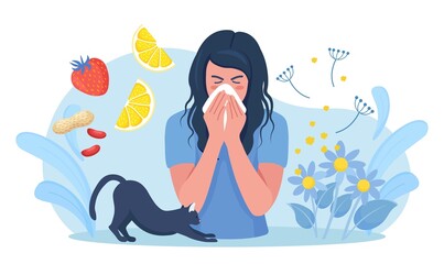 Woman with allergy from pollen, cat fur, citrus, peanuts or berry. Runny nose and watery eyes. Seasonal disease. Causes of allergy. Illness with cough, cold and sneeze symptoms. Vector design - obrazy, fototapety, plakaty
