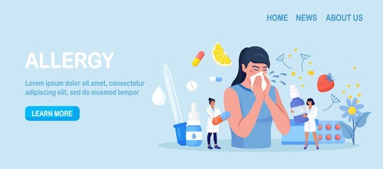 Woman with allergy from pollen, citrus, berry. Runny nose and watery eyes. Seasonal disease. Illness with cough, cold and sneeze symptoms. Doctor treat allergy with medicines, pills. Vector design