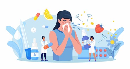 Woman with allergy from pollen, citrus, berry. Runny nose and watery eyes. Seasonal disease. Illness with cough, cold and sneeze symptoms. Doctor treat allergy with medicines, pills. Vector design - obrazy, fototapety, plakaty