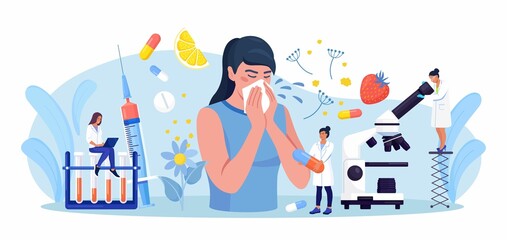 Woman with allergy from pollen, citrus, berry. Runny nose and watery eyes. Seasonal disease. Illness with cough, cold, sneeze symptoms. Doctor treat allergy with medicines, pills Examination in clinic
