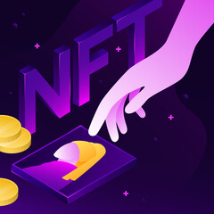 NFT Theme Illustration. Cryptographic Design, Crypto Art Composition with coins, picture and hand. Vector illustration