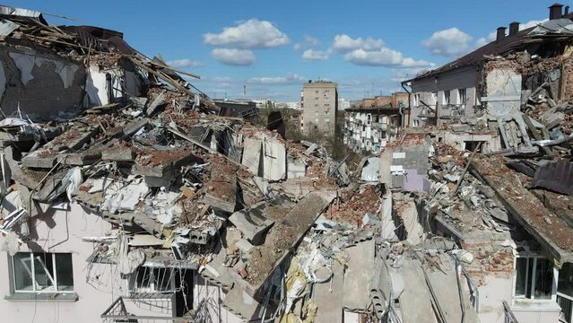 Chernihiv, Ukraine - 27.04.2022: War in Ukraine. Hotel destroyed by Russian troops in the city of Chernihiv