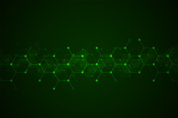 Hexagons pattern on green background. Genetic research, molecular structure. Chemical engineering. Concept of innovation technology. Used for design healthcare, science and medicine background