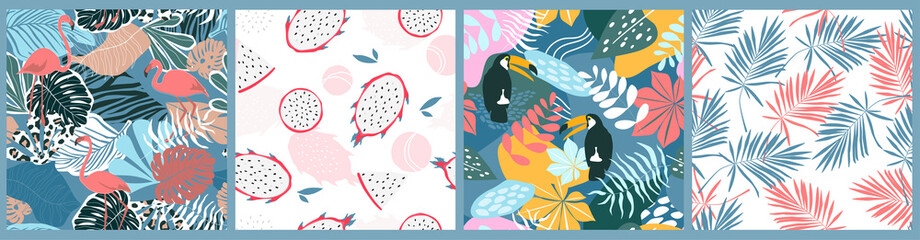 The set is a seamless pattern with a tropical exotic ornament with palm and monstera leaves, toucan birds, flamingos. Summer abstract print. Vector graphics.