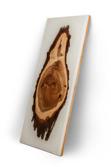 Exclusive handmade table of solid wood and epoxy resin on the background of wood boards