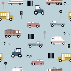 Cute baby seamless pattern toy cars, road signs and traffic lights. Kids hand drawn background with vehicles in Scandinavian style. Design kids nursery. Wall art decor print.  Vector illustration.