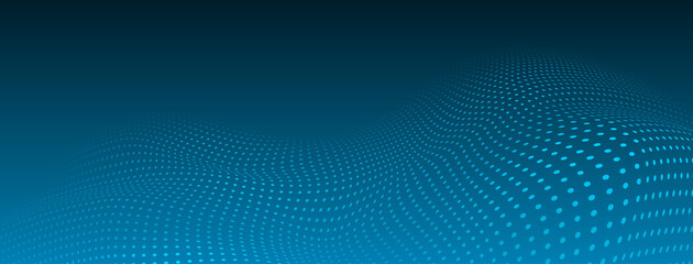 Abstract halftone background with curved surface made of small dots in blue colors