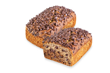 Banana bread with chocolate filling and chocolate drops on the top on a white isolated background