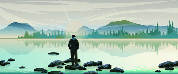 Beautiful landscape panorama with mountains and forest in the fog with  man standing at the stone in the lake. Foggy air. Early chilly morning. Empty place for sentimental. Back view.