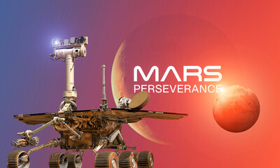 Perseverance Mars Mission. Red planet and rover in space. Solar system exploration. Elements of this image furnished by NASA
