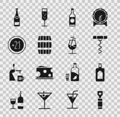 Set Bottle opener, Whiskey bottle, Wine corkscrew, Beer, Wooden barrel, Alcohol 21 plus, Champagne and Cocktail icon. Vector