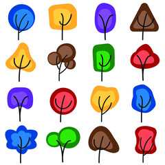 Collection of geometric colored abstract trees. Set of different tree shapes isolated on white background. vector illustration.