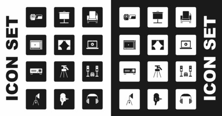 Set Cinema chair, Curtain, Online play video, camera, Projection screen, Home stereo with two speakers and Movie, film, media projector icon. Vector