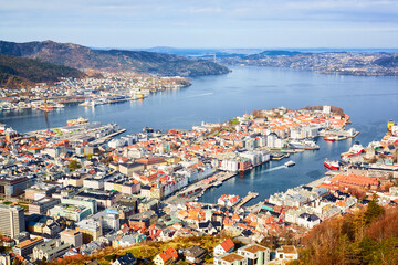 Obraz premium Aerial view of Bergen harbour, Norway