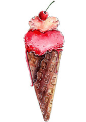Ice cream with cherries in a waffle cup on a white background.Idea for summer time.