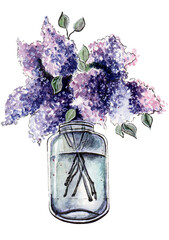 bouquet of lilacs in a glass jar on a white background.Idea for decor and florists.