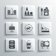 Set Paper glass with water, Amusement park billboard, Bumper car, Hunt on rabbit crosshairs, Hockey table, Magic ball, Home stereo two speakers and Ice cream in bowl icon. Vector