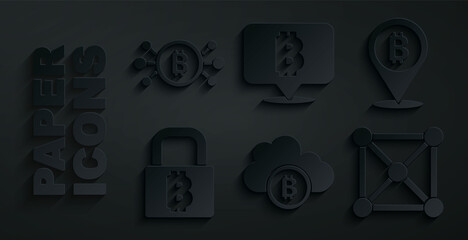 Set Cryptocurrency cloud mining, Bitcoin, Lock with bitcoin, Blockchain technology, and circuit icon. Vector