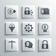 Set Bitcoin, Lock with bitcoin, Cryptocurrency, Pickaxe, Sales funnel, and browser icon. Vector