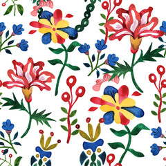 Seamless pattern of flowers, which are made in the style of avant-garde decorative arts of Ukraine in the early 20th century.