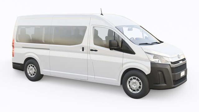 Tokyo, Japan. April 10, 2022: Toyota Hiace. White passenger minibus for transporting people in the city and beyond. on a white isolated background. 3d illustration