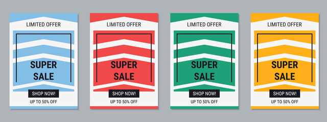 Super sale banner, business flyer, discount coupon, booklet vector design templates collection. A4 format